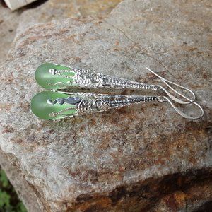 Light sea foam green sea glass earrings - Long Vintage Style